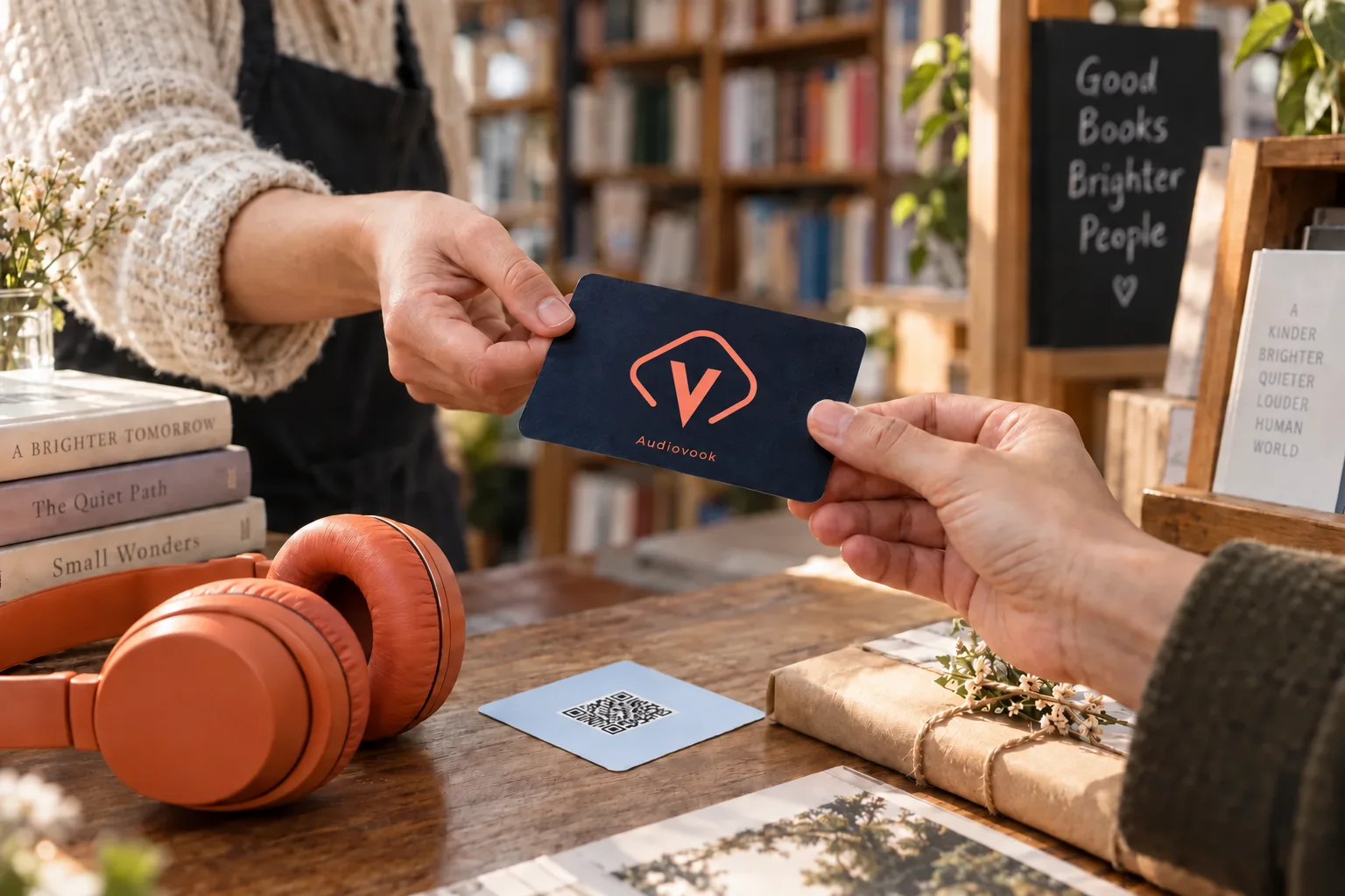 Two people pass an Audiovook card across a bookshop counter, beside headphones.