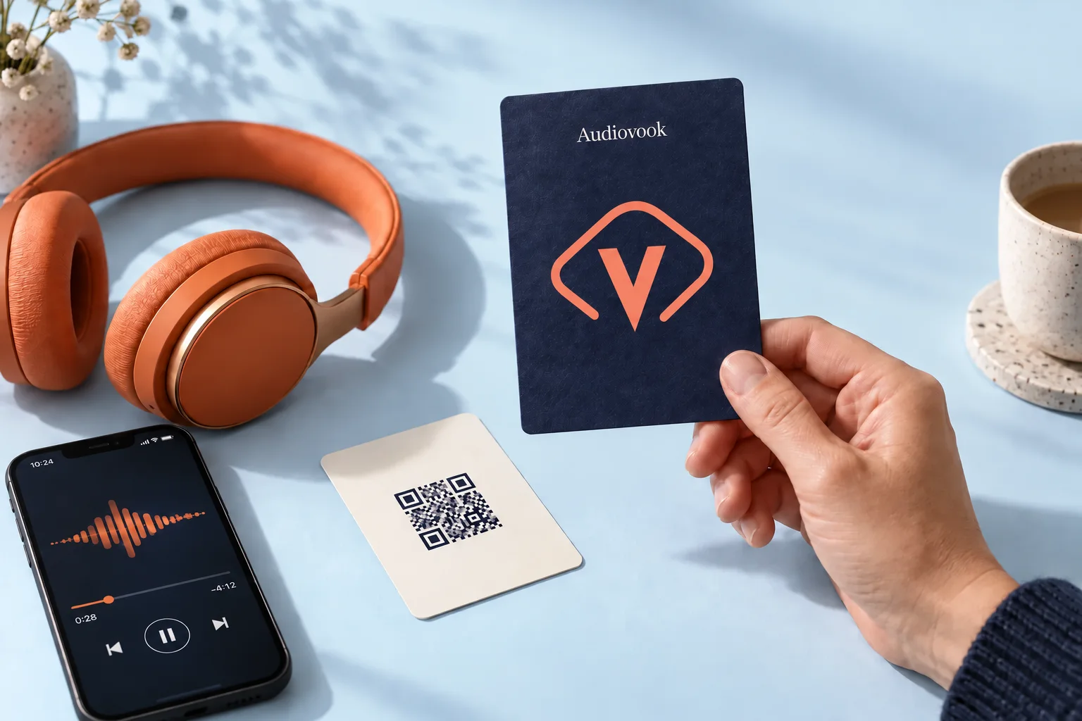 A hand holds an Audiovook card beside headphones and an audio player on a phone.
