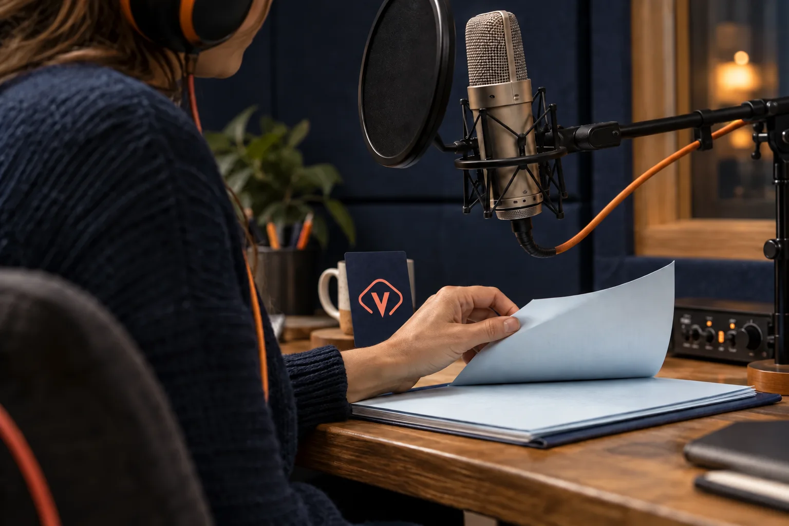 A person works with a manuscript at a studio microphone, with an Audiovook card beside them.